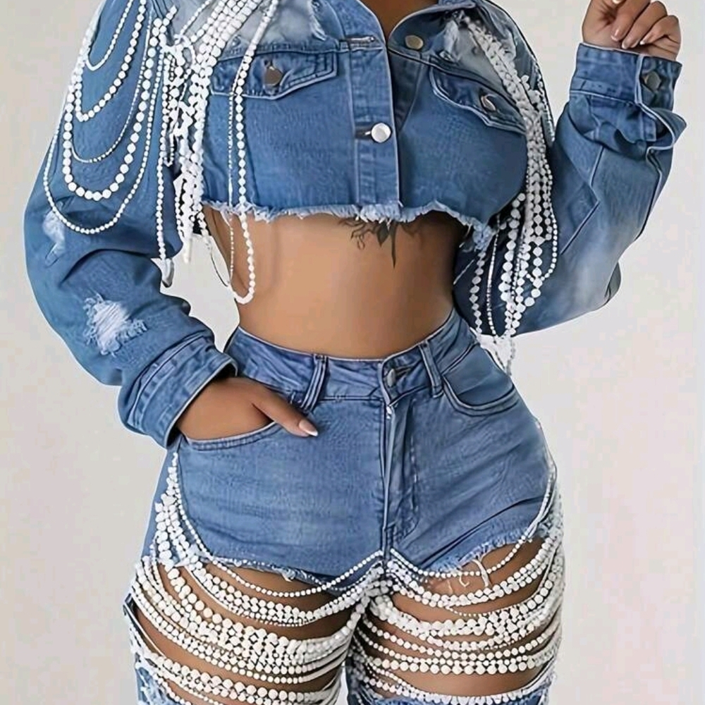 Blue Jean Jacket with Distressed Details and Pearl Embellishments